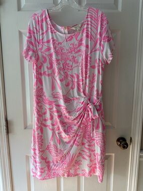 Lilly Pulitzer White Mini Dress with Pink Floral Print and Side Tie